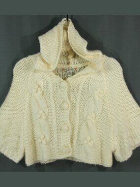 Love Change Faux Mohair Acrylic Cable Knit Cropped Hoodie Sweater Cardigan L